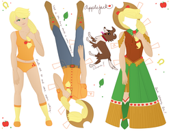 Size: 2179x1696 | Tagged: safe, artist:whiteheather, applejack, winona, dog, human, g4, apple print underwear, belly button, clothes, cutie mark underwear, dress, female, gala dress, humanized, midriff, orange underwear, panties, papercraft, shirt, shoes, solo, tank top, underwear