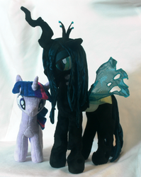 Size: 1344x1692 | Tagged: safe, artist:whiteheather, queen chrysalis, twilight sparkle, g4, irl, photo, plushie