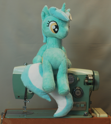 Size: 1734x1943 | Tagged: safe, artist:whiteheather, lyra heartstrings, pony, unicorn, g4, irl, meme, photo, plushie, sewing machine, sitting, sitting lyra, solo