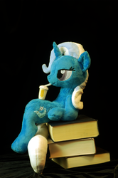 Size: 2000x3008 | Tagged: safe, artist:whiteheather, trixie, pony, unicorn, g4, book, female, high res, irl, mare, photo, plushie, smoothie, solo