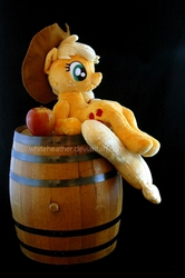 Size: 916x1380 | Tagged: safe, artist:whiteheather, applejack, g4, apple, barrel, irl, photo, plushie, sitting, solo