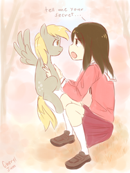 Size: 1350x1800 | Tagged: safe, artist:cheryl-jum, derpy hooves, human, pegasus, pony, g4, azumanga daioh, crossover, cute, derpabetes, duo, holding a pony, kasuga ayumu, osaka, scrunchy face, spread wings, tell me your secrets, wings