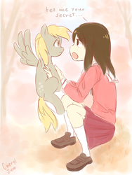 Size: 1350x1800 | Tagged: safe, artist:cheryl-jum, derpy hooves, human, pegasus, pony, g4, azumanga daioh, clothes, crossover, cute, derpabetes, duo, duo female, female, holding a pony, kasuga ayumu, mare, osaka, scrunchy face, skirt, spread wings, tell me your secrets, wings