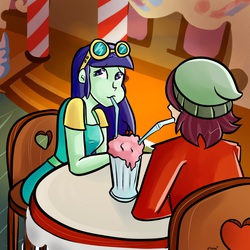 Size: 1000x1000 | Tagged: safe, artist:php52, blueberry cake, normal norman, equestria girls, g4, background human, duo, female, male, milkshake, normalcake, sharing a drink, shipping, straight, straw, sunglasses