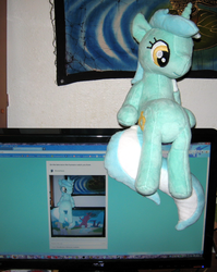 Size: 877x1104 | Tagged: safe, artist:whiteheather, lyra heartstrings, g4, irl, photo, plushie, recursion, screen