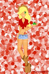 Size: 2010x2984 | Tagged: safe, artist:murasakirein, applejack, human, g4, belly button, cutie mark, female, front knot midriff, hair over one eye, high res, humanized, midriff, solo