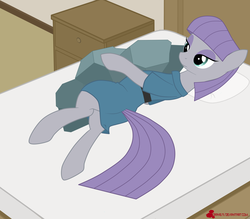 Size: 4000x3500 | Tagged: safe, artist:orang111, maud pie, earth pony, pony, g4, maud pie (episode), bed, eyeshadow, female, furniture, hug, implied tail hole, indoors, lidded eyes, makeup, mare, pillow, rock, room, solo, stone, tail