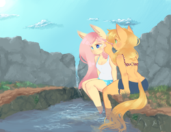 Size: 3355x2609 | Tagged: safe, artist:themaliciouskitty, applejack, fluttershy, anthro, g4, clothes, crying, female, high res, lesbian, missing accessory, river, ship:appleshy, shipping, tank top