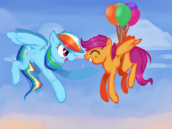 Size: 1400x1050 | Tagged: safe, artist:omeow, rainbow dash, scootaloo, pegasus, pony, g4, balloon, cloud, cute, cutealoo, duo, duo female, eyes closed, female, flying, scootalove, sky
