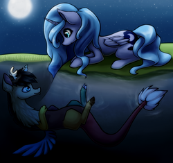 Size: 850x800 | Tagged: safe, artist:peachykat, discord, princess luna, g4, female, male, night, s1 luna, ship:lunacord, shipping, straight, younger