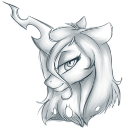 Size: 1120x1137 | Tagged: safe, artist:rrusha, queen chrysalis, changeling, changeling queen, g4, beautiful, bust, female, floppy ears, looking at you, mare, monochrome, portrait, simple background, solo, white background
