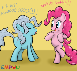 Size: 1000x924 | Tagged: safe, artist:empyu, pinkie pie, screw loose, g4, duo, duo female, female, turkey call