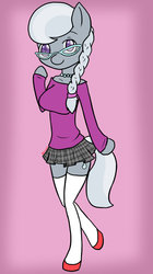 Size: 669x1195 | Tagged: safe, artist:toxicniko, silver spoon, earth pony, anthro, unguligrade anthro, g4, arm hooves, clothes, female, glasses, skirt, solo, stockings
