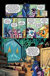 Size: 636x978 | Tagged: safe, artist:andypriceart, idw, official comic, applejack, fluttershy, pinkie pie, princess luna, rainbow dash, rarity, spike, twilight sparkle, alicorn, earth pony, moose, pegasus, pony, unicorn, g4, spoiler:comic, spoiler:comic17, comic, female, idw advertisement, mane six, mare, preview, speech bubble, twilight sparkle (alicorn)