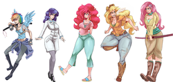 Size: 3794x1785 | Tagged: safe, artist:sundown, applejack, fluttershy, pinkie pie, rainbow dash, rarity, human, g4, applebucking thighs, belly button, cigarette, cleavage, clothes, diverse body types, elf ears, female, horn, horned humanization, humanized, katana, line-up, midriff, pegasi as angels, skirt, sword, tattoo, unicorns as elves, weapon, wide hips, winged humanization