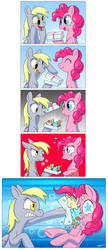 Size: 900x2076 | Tagged: safe, artist:snacky-bites, derpy hooves, pinkie pie, pegasus, pony, epic rage time, g4, comic, cupcake, female, food, mare, not muffins, pinkiebuse