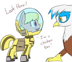 Size: 3065x2630 | Tagged: safe, artist:erthilo, oc, oc only, oc:henrietta firebright, oc:puppysmiles, earth pony, griffon, pony, fallout equestria, fallout equestria: pink eyes, comic, fanfic, fanfic art, female, filly, foal, hazmat suit, high res, hooves, open mouth, saddle bag, simple background, transparent background