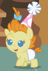 Size: 287x427 | Tagged: safe, screencap, pumpkin cake, pony, baby cakes, g4, baby, baby pony, cute, diaper, diapered, diapered filly, female, filly, happy, happy baby, hat, one month old filly, open mouth, party hat, smiling, solo, white diaper
