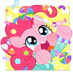 Size: 1189x1188 | Tagged: safe, artist:momo, pinkie pie, earth pony, pony, ask harajukupinkiepie, g4, candy, clothes, cute, decora, diapinkes, female, food, happy, harajuku, heart, lollipop, open mouth, out of frame, pixiv, smiling, solo, starry eyes, tongue out, wingding eyes