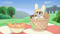 Size: 1280x731 | Tagged: safe, artist:zokkili, derpy hooves, pegasus, pony, g4, :t, basket, bunny costume, carrot, clothes, cute, derpabetes, female, mare, micro, muffin, picnic blanket, smiling, solo