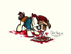 Size: 1598x1214 | Tagged: safe, artist:frostykat13, pipsqueak, earth pony, g4, bandana, colt, eyepatch, foal, food, male, messy eating, pipsqueak eating spaghetti, pirate costume, solo, spaghetti