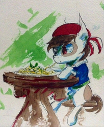 Size: 1670x2046 | Tagged: safe, artist:il-phantom, pipsqueak, g4, colt, eyepatch, foal, food, male, pipsqueak eating spaghetti, pirate costume, solo, spaghetti, table, traditional art