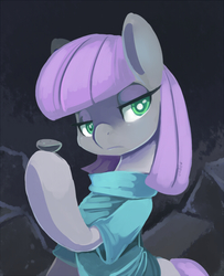 Size: 493x608 | Tagged: safe, artist:ende26, boulder (g4), maud pie, earth pony, pony, g4, maud pie (episode), balancing, carrying, clothes, featured image, female, frown, hoof hold, looking at you, paint tool sai, portrait, rock, sitting, solo