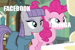 Size: 600x404 | Tagged: safe, edit, edited screencap, screencap, maud pie, pinkie pie, earth pony, pony, g4, maud pie (episode), season 4, :t, animated, caption, derp, facebook, female, great moments in animation, mare, metaphor gif, shaking, smear frame, smiling, taringa