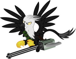 Size: 4067x3151 | Tagged: safe, artist:vector-brony, oc, oc only, griffon, fallout equestria, bandolier, flying, frown, glare, minigun, simple background, solo, spread wings, transparent background, weapon