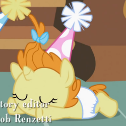 Size: 341x341 | Tagged: safe, screencap, pumpkin cake, pony, baby cakes, g4, baby, baby pony, cute, diaper, diapered, diapered filly, eyes closed, female, filly, frown, hat, one month old filly, party hat, prone, solo, white diaper