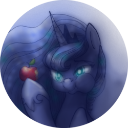 Size: 1628x1628 | Tagged: safe, artist:wolfiedrawie, princess luna, pony, g4, apple, bust, female, partial background, puffy cheeks, solo