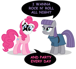 Size: 1208x1102 | Tagged: safe, maud pie, pinkie pie, g4, face paint, grin, kiss (band), looking at you, music, paul stanley, rock (music), rock and roll, rock and roll all nite, singing, smiling, song reference, speech bubble