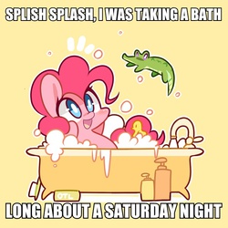 Size: 600x600 | Tagged: safe, artist:php56, gummy, pinkie pie, g4, bath, bathtub, bobby darin, bubble, caption, cute, dialogue, diapinkes, image macro, meme, rubber duck, soap, song, song reference, splish splash (song)