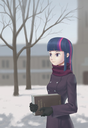Size: 1217x1754 | Tagged: safe, artist:dannylim86, twilight sparkle, human, g4, bare tree, book, clothes, female, gloves, humanized, scarf, snow, solo, tree, winter