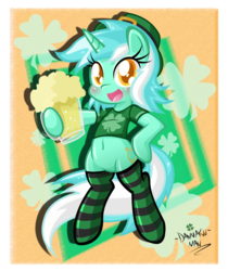 Size: 1677x2000 | Tagged: safe, artist:danmakuman, lyra heartstrings, pony, g4, alcohol, beer, belly button, bipedal, blushing, clothes, clover, female, four leaf clover, mare, saint patrick's day, socks, solo, striped socks, thigh highs