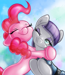 Size: 2000x2301 | Tagged: safe, artist:kelisah, maud pie, pinkie pie, earth pony, pony, g4, maud pie (episode), clothes, cute, diapinkes, eyes closed, female, high res, hug, mare, maudabetes, one eye closed, smiling, when she smiles