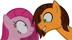 Size: 1229x680 | Tagged: dead source, safe, artist:poikahorse, cheese sandwich, pinkie pie, g4, cheesamena, duo, eye contact, female, grin, looking at each other, male, pinkamena diane pie, ship:cheesepie, shipping, simple background, smiling, straight, this will end in cupcakes, transparent background, wide eyes