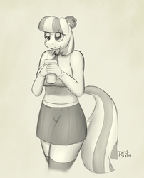 Size: 806x1000 | Tagged: safe, artist:devs-iratvs, coco pommel, earth pony, anthro, g4, breasts, busty coco pommel, clothes, coffee, female, monochrome, signature, sketch, solo, thigh highs, zettai ryouiki