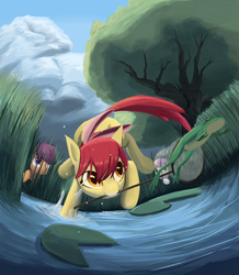 Size: 1398x1604 | Tagged: safe, artist:bakuel, apple bloom, scootaloo, sweetie belle, earth pony, frog, pegasus, pony, unicorn, g4, action pose, animal, apple bloom's bow, bow, butterfly net, chase, cutie mark crusaders, female, filly, foal, hair bow, lilypad, mouth hold, net, pond, water, wet, wet mane