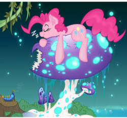 Size: 5000x4620 | Tagged: safe, artist:dfectivedvice, artist:spier17, pinkie pie, caterpillar, earth pony, insect, pony, g4, absurd resolution, alice in wonderland, colored, crossover, female, giant mushroom, glowing, mushroom, prone, size difference, sleeping, solo