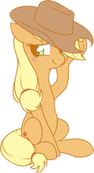 Size: 317x578 | Tagged: safe, artist:stoic5, applejack, earth pony, pony, g4, cute, female, freckles, hat, jackabetes, mare, shy, simple background, sitting, smiling, solo, transparent background