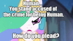 Size: 1205x681 | Tagged: safe, edit, edited screencap, screencap, princess celestia, alicorn, human, pony, g4, female, image macro, mare, meme, misanthropy, mouthpiece, out of character, racism, solo, tyrant celestia, xenolestia