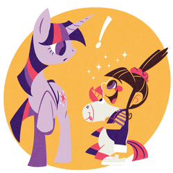 Size: 600x600 | Tagged: dead source, safe, artist:yousukou, twilight sparkle, human, pony, unicorn, g4, agnes gru, crossover, despicable me, duo, unicorn twilight