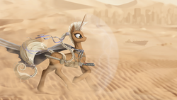 Size: 3700x2081 | Tagged: safe, artist:shaadorian, oc, oc only, pony, unicorn, braid, cape, clothes, desert, female, high res, katana, magic, mare, shield, solo, sword, weapon