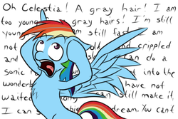 Size: 1500x1000 | Tagged: safe, artist:m_d_quill, rainbow dash, g4, chest fluff, female, floppy ears, grey hair, looking at something, looking up, open mouth, panic, rearing, slender, solo, spread wings, talking, thin, wings