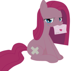 Size: 1250x1216 | Tagged: source needed, safe, artist:verappp, pinkie pie, g4, bandage, bronybait, crying, female, looking at you, love letter, mouth hold, pinkamena diane pie, sad, simple background, sitting, solo, transparent background, valentine, valentine's day