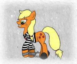 Size: 980x815 | Tagged: safe, artist:porcelainparasite, applejack, g4, ball and chain, clothes, female, prison outfit, solo