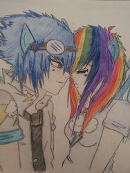 Size: 1024x1365 | Tagged: safe, artist:littlered16, rainbow dash, soarin', human, g4, eared humanization, female, goggles, humanized, male, ship:soarindash, shipping, straight, traditional art, winged humanization