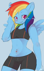 Size: 750x1200 | Tagged: safe, artist:aoizuri, rainbow dash, pegasus, anthro, g4, belly button, belly piercing, bellyring, blushing, clothes, commission, commissioner:navelcolt, compression shorts, female, midriff, piercing, simple background, solo, sports bra, sports shorts, water bottle