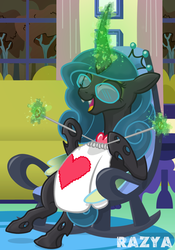 Size: 976x1393 | Tagged: source needed, safe, artist:razya, idw, queen chrysalis, g4, chair, clothes, dark mirror universe, equestria-3, eyes closed, female, glasses, heart, knitting, mirror universe, open mouth, reversalis, rocking chair, solo, sweater, vector